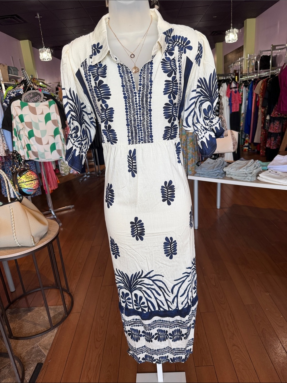 Ivory Maxi Shirt Dress with Navy Floral Embroidery